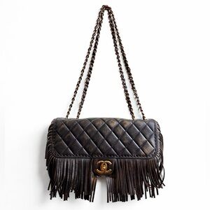 CHANEL Paris-Dallas Métiers d'Art Fringe Flap Bag in Metallic Black FW14